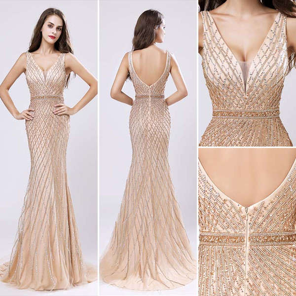 Gorgeous Champagne Gold mermaid Evening Dresses heavy Beading Party Pageant Gowns Arabic Celebrity Dress Vintage formal Prom Gowns