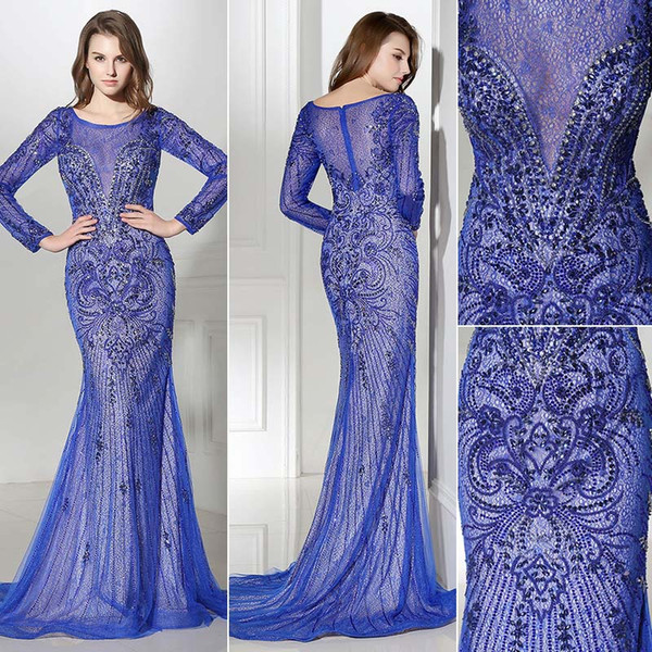 Gorgeous Royal blue long sleeves Mermaid Evening Dresses Wear yousef aljasmi scoop Neck Heavy crystals beading lace arabic Prom Formal Gowns