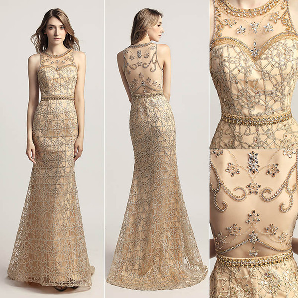 Gorgeous Silver Gold mermaid Evening Dresses heavy Beading sheer back Party Pageant Gowns Arabic Celebrity Dress formal Prom Gowns