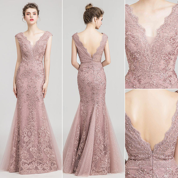 Gorgeous Dusty pink lace Mermaid Evening Dresses Wear yousef aljasmi Fashion V Neck Heavy crystals beading lace arabic Prom Formal Gowns