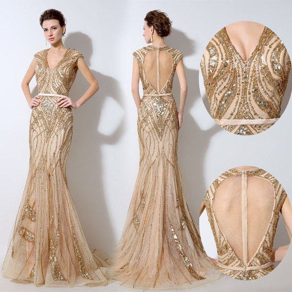 Luxury Champagne lace mermaid Evening Dresses V neck Beading sheer backless Party Pageant Gowns Arabic Celebrity Dress formal Prom Gown