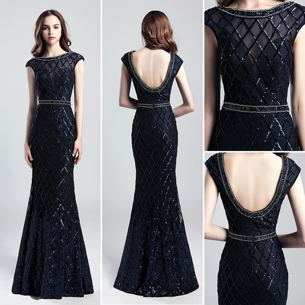 Luxury blingbling Navy blue Mermaid Evening Dresses Wear yousef aljasmi Fashion Scoop Neck cape sleeve backless arabic Prom Formal Gowns