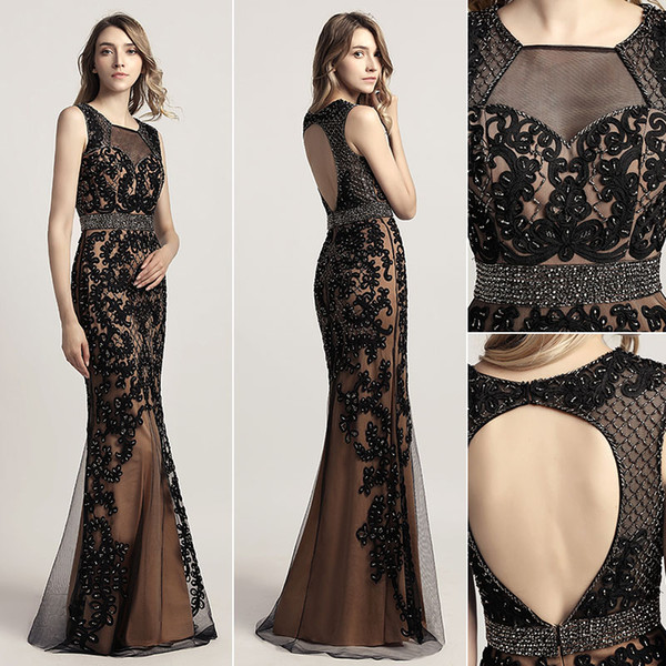 Gorgeous black lace mermaid Evening Dresses jewel Beading sheer backless Party Pageant Gowns Arabic Celebrity Dress formal Prom Gowns