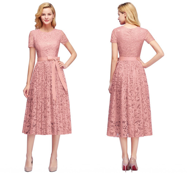 New Arrival Plus Size 26W Lace Short Evening Dress 2019 Short Sleeve Evening Party Dresses with Sashes Robe de Soiree Courte CPS1154