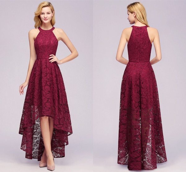 2019 Cheap Burgundy Halter Lace A Line Evening Dresses High Low Formal Party Prom Dresses Real Image CPS1151