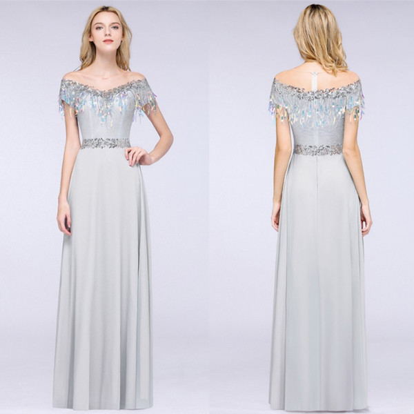 Designed Grey Sheer Neck Short Sleeves Long Prom Dresses Sequins A Line Floor Length Formal Party Evening Gowns Cheap CPS1239