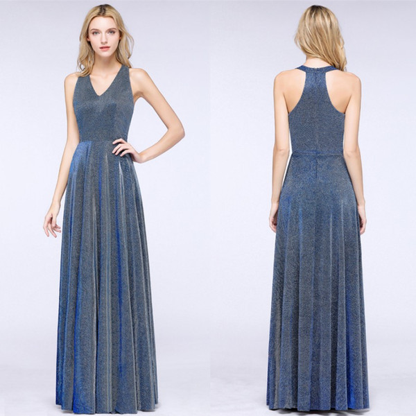 Reflective Blue Sequined Evening Prom Dresses Formal Arabic Vestidos Party Celebrity Gowns Bridesmaids Mother Dress Cheap CPS1242