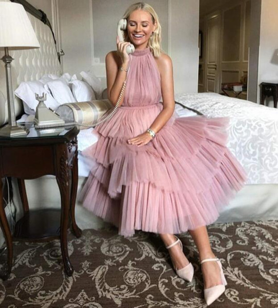 Modest Stylish Vestidos Luxury Prom Dress High Collar Cocktail Dresses Striking Ruffles Pink color Evening Prom Gowns