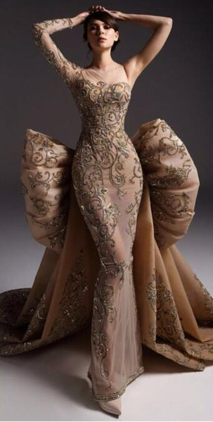 One shoulder Long sleelve Gold Pageant Gowns Haute Couture Appliques Shiny Long Evening Prom Dresses 2019