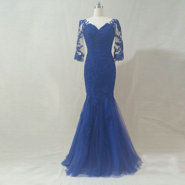 Real pictures High quality royal blue mermiad evening dresses floor-length half sleeve formal evening gowns for women 