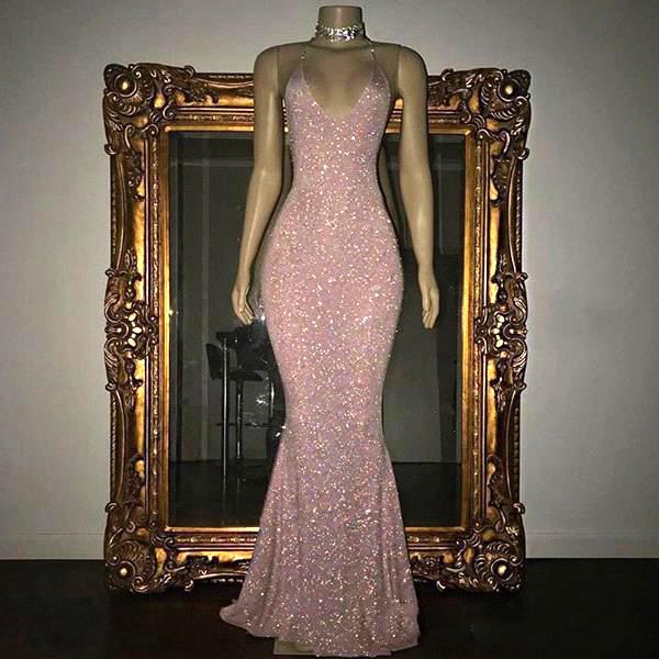 Stunning Rose Pink Sequined Prom Dresses Sexy Spaghetti Straps Mermaid Sleeveless Evening Gowns real photos