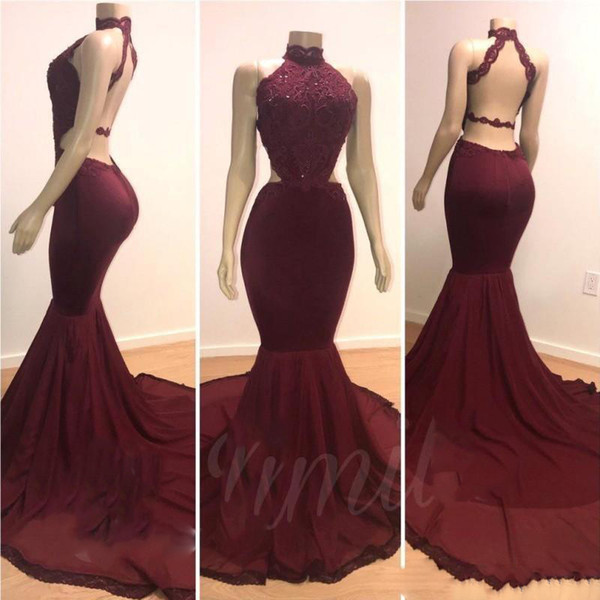 Cheap Halter Mermaid Long Prom Party Dresses Burgundy Lace Applique Beaded Backless Sweep Train Evening Gowns Plus Size