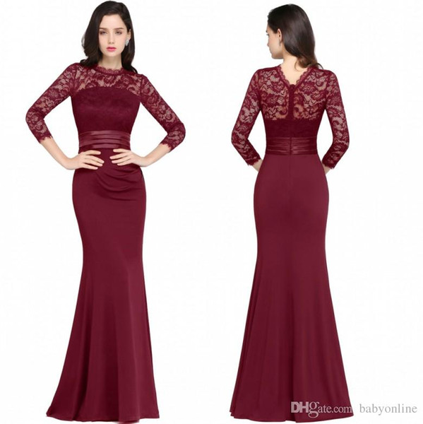 Designer Mermaid Long Sleeves Burgundy Evening Dresses 2018 Satin Lace Jewel Neck Zipper Back Floor Length Formal Gowns
