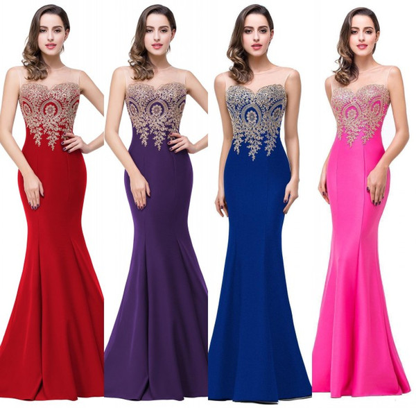 Sexy Sheer Neck Sleeveless Designer Evening Dresses Mermaid Lace Appliqued Long Prom Dresses Red Carpet Cheap Bridesmaid Dress Under 50