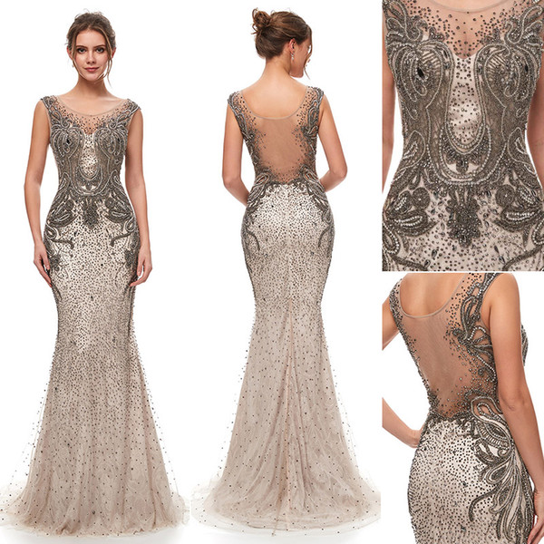 NEW Great Gatsby Vintage Mocha Luxury Beaded Mermaid Evening Dresses Wear yousef aljasmi Sheer Neck Cap Sleeve arabic Prom Formal Gowns