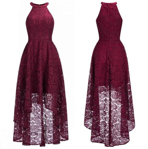 2019 Cheap Burgundy Halter Lace A Line Evening Dresses High Low Formal Party Prom Dresses Real Image CPS1151