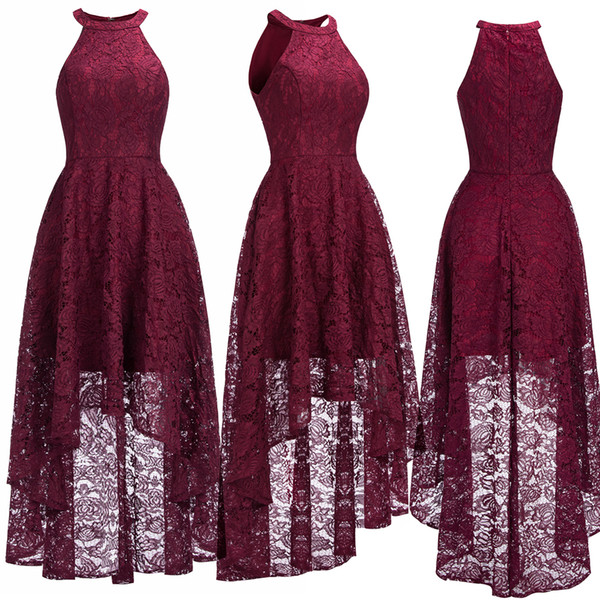 Sexy Halter Cheap Burgundy Lace Evening Dresses Halter Sleeveless High Low Designer Formal Occasion Wear Christmas Party Gown CPS1151