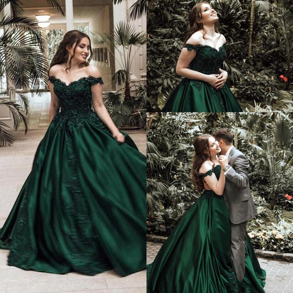Vintage Dark Green Ball Gown Prom Evening Dresses Formal Elegant Off Shoulders Applique Sequin Long Formal Pageant Gowns
