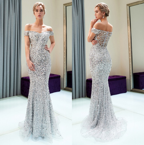 Silver Off The Shoulder Major Beaded Mermaid Long Evening Dresses Tulle Beaded Sequins Floor Length Formal Party Prom Dresses CPS1171