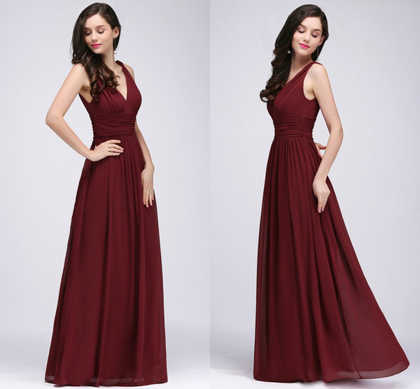 2018 New Designer Burgundy V Neck Long Prom Dresses A Line Chiffon Cheap Evening Gowns Floor Length Bridesmaid Dresses CPS723