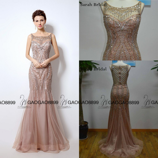 Great Gatsby Vintage Blush Luxury Beaded Mermaid Evening Dresses Wear yousef aljasmi Sheer Neck Cap Sleeve arabic Prom Formal Gowns
