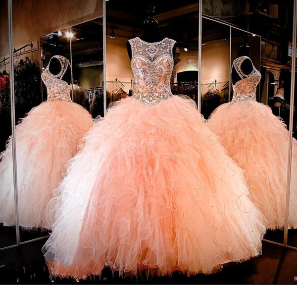 2017 Sparkly Beaded Crystal Ball Gown Quinceanera Dresses Sweetheart Keyhole Lace-up Back Ruched Tulle Long Prom Pageant Dresses for Women