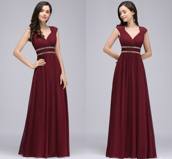 Burgundy New Designer Long Prom Dresses Cap Sleeves A Line Chiffon Formal Evening Gowns with Crystal Flow Wedding Guest Dresses CPS725