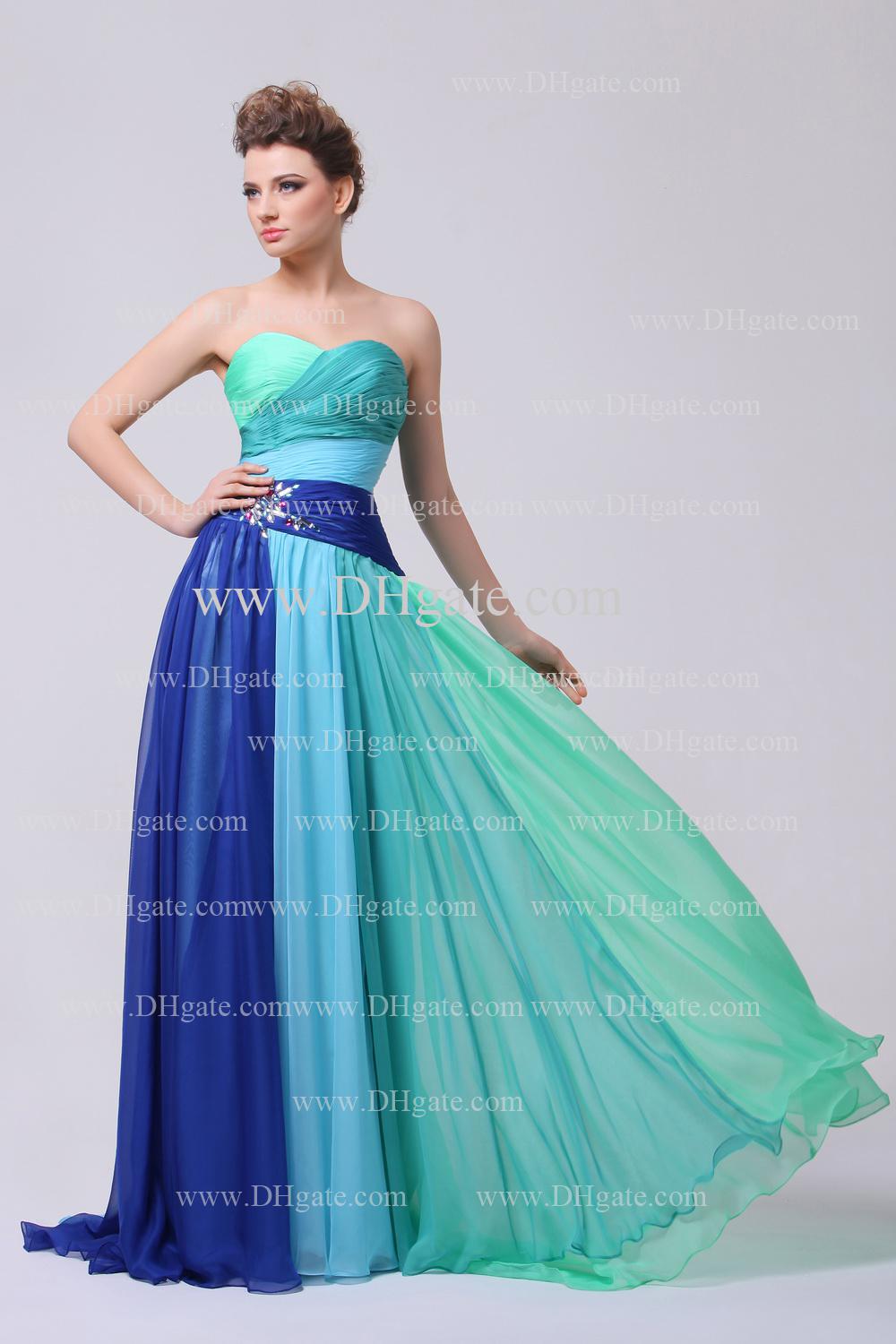 Colorful Prom Dresses 2015 Sweetheart Pleated Bodice Beaded Rhinestones Chiffon Floor Length Evening Dresses