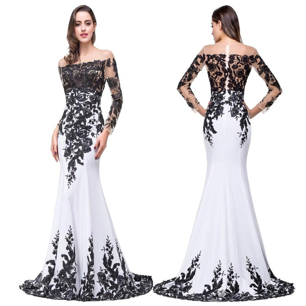 100% Real Photo New Black White Formal Evening Dresses Sheer Jewel Neck Long Sleeves Lace Appliqued Prom Party Gowns Dresses Evening BZP0803