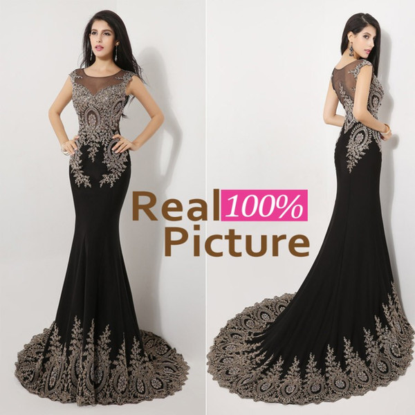 Sexy Mermaid Crystal Prom Party Dresses with Sheer Lace Back 2015 Black IN STOCK Jewel Beaded Formal Evening Gowns Dresses for Women 2014