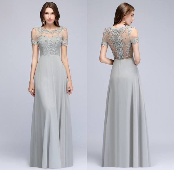 Short Sleeves Chiffon Long Evening Dresses 2019 Sheer Tulle Lace Applique Beaded Real Image Formal Floor Length Party Prom Dresses CPS966