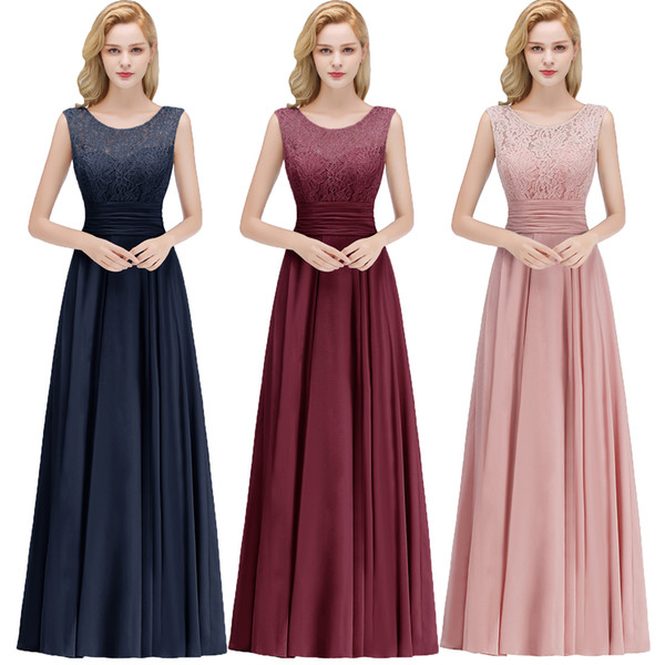 New Cheap Real Image Scoop Neck Evening Dresses Chiffon Lace Top Ruched Sleeveless Prom Party Gown Formal Occasion Wear CPS1068