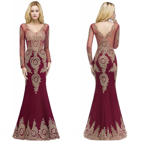 2019 Burgundy Mermaid Prom Evening Dresses V Neck Sheer Long Sleeves Appliqued Lace Evening Gowns Formal Pageant Dress