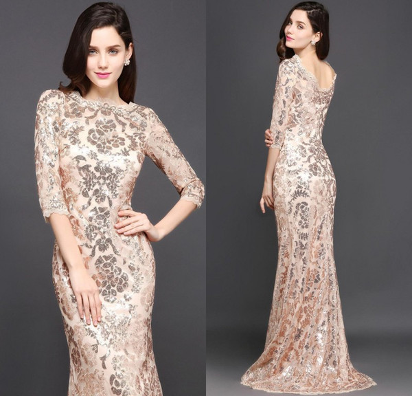 Special Design Rose Gold Designer Occasion Dresses Mermaid Long Sleeves Full Sequins Lace Evening Dress Luxury Prom Party Gowns CPS634