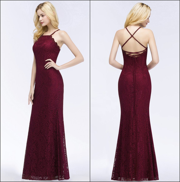 2018 Burgundy Halter Lace Mermaid Long Prom Dresses Backless Criss Cross Floor Length Formal Party Evening Dresses Cps876