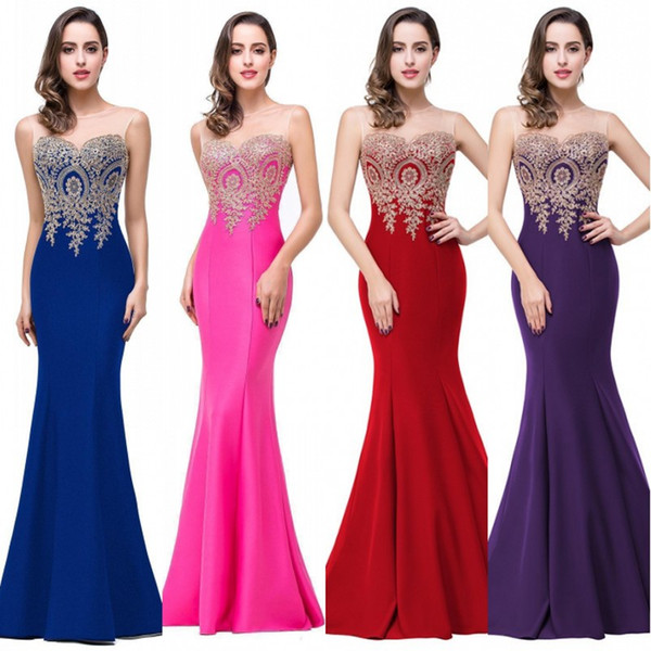 2017 Sexy Crew Neck Sleeveless Designer Evening Dresses Mermaid Lace Appliqued Long Prom Dresses Red Carpet Cheap Bridesmaid Dress Under 50
