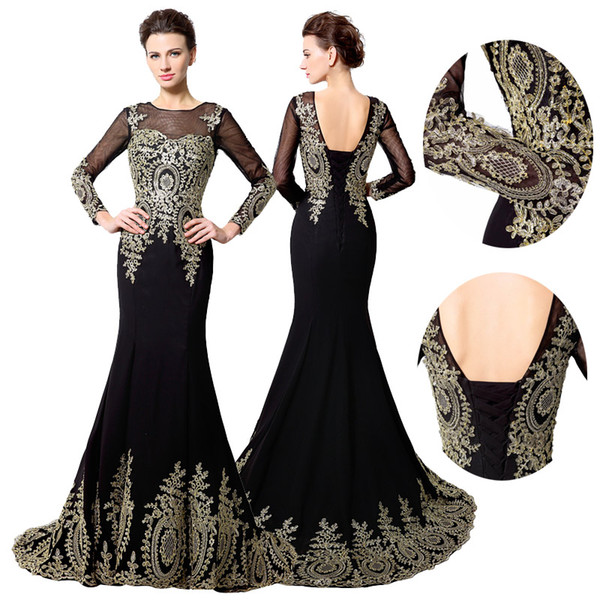 2016 New Design Real Photo Gold Embroidery Mermaid Long Sleeve Prom dresses Sheer Neck Dubai Arabic Trumpet Cheap Evening Formal Party Dress
