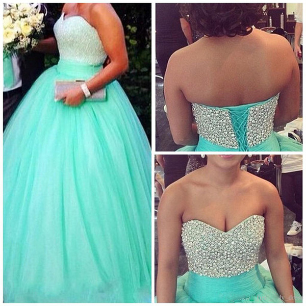 Emerald green Beaded Quinceanera Dresses 2017 Newest Crystals Formal Party Gowns Lace-up Back Evening Prom Gown