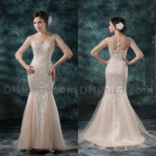 2015 Elegant Champagne Crystals Beaded Floor Length Long Sleeves Prom Evening Dresses Custom Made ED069