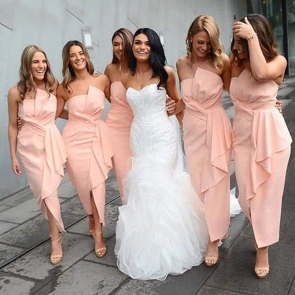 Ankle Length Long Bridesmaids Dresses Strapless Pleats Ruffles Cheap Maid of Honor Gowns Summer Beach Wedding Guests Dresses BM0363