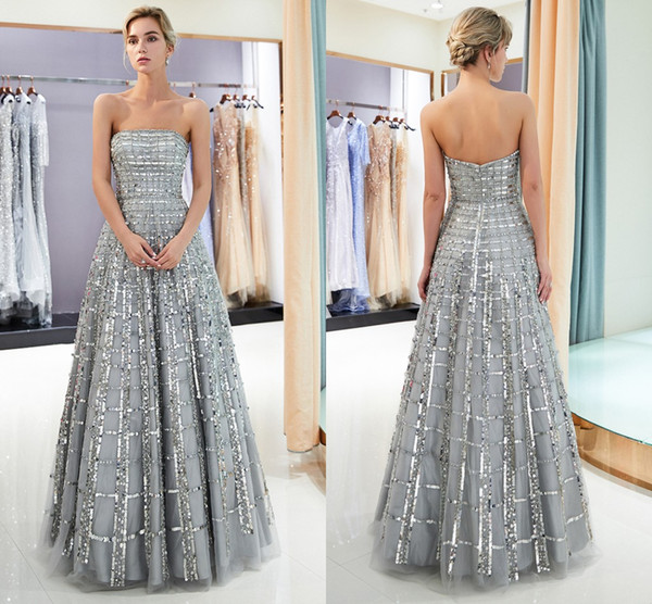 Gray Strapless Sequins Prom Dresses New Arrival Sparkly Sequined Zipper Back A Line Tulle Formal Party Evening Gowns CPS1162