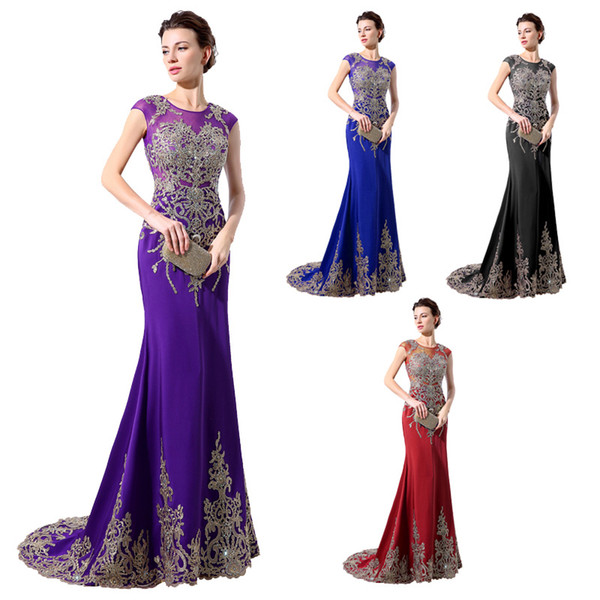 Saudi Arabic Purple Long Evening Dresses 2016 Custom Made LX039 Jewel Neck Golden Appliques Beaded Sheath Floor Length Formal Occasion Dress
