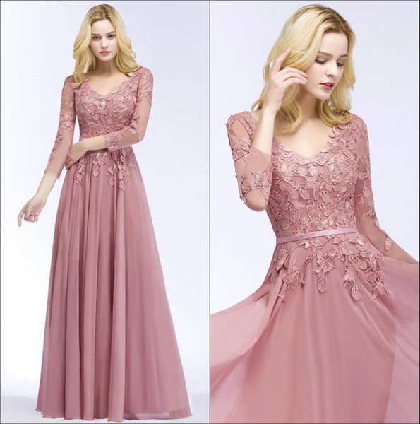 V Neck Chiffon Long Evening Dresses Sheer Long Sleeves Lace Applique Floor Length Formal Party Prom Dresses Real Image CPS911