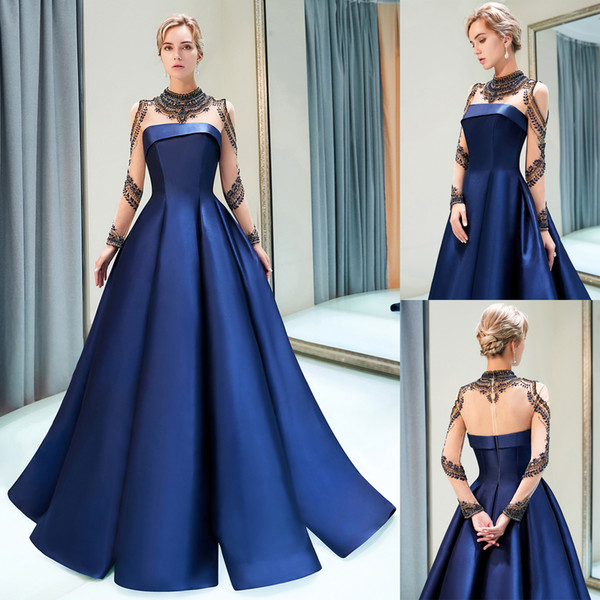 Navy Blue Satin Prom Dresses Luxury Beaded High Sheer Neck A Line Designer Evening Dress Long Illusion Sleeves Graduation Party Gown CPS1160
