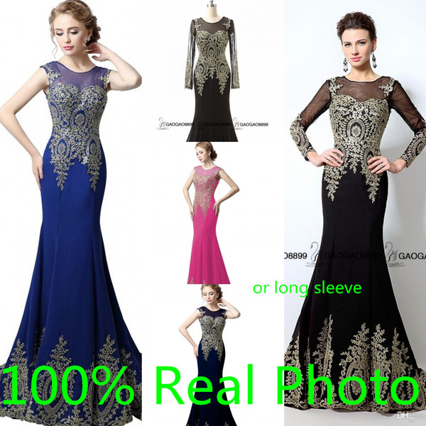 Real Photo Long or Short Sleeve Mermaid Prom Party Occasion Dresses 2016 Gold Embroidery in Stock Cheap Trumpet Arabic Dress Evening Wear