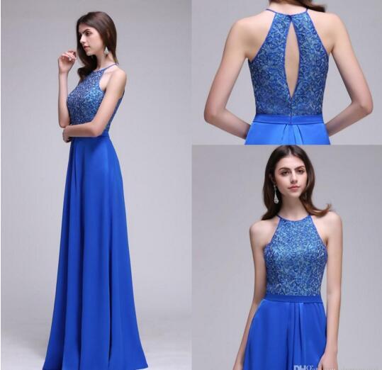 Royal Blue Lace Designer's Sexy Prom Dresses Sleeveless A Line Keyhole Back Long 2017 Evening Gowns Long Women Party Dresses CPS538