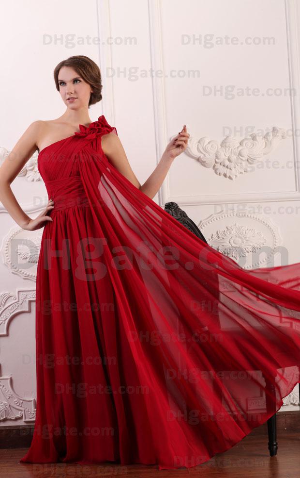 2015 Dark Red A Line Chiffon Evening Dresses Flowered One Shoulder Ruched Prom Dressess MZ070