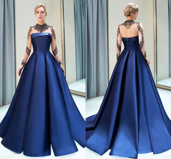 Royal Blue Sexy Illusion Bodices Formal Evening Dresses High Neck Crystals Beaded Sheer Long Sleeves Burgundy Designer Prom Dress CPS1160