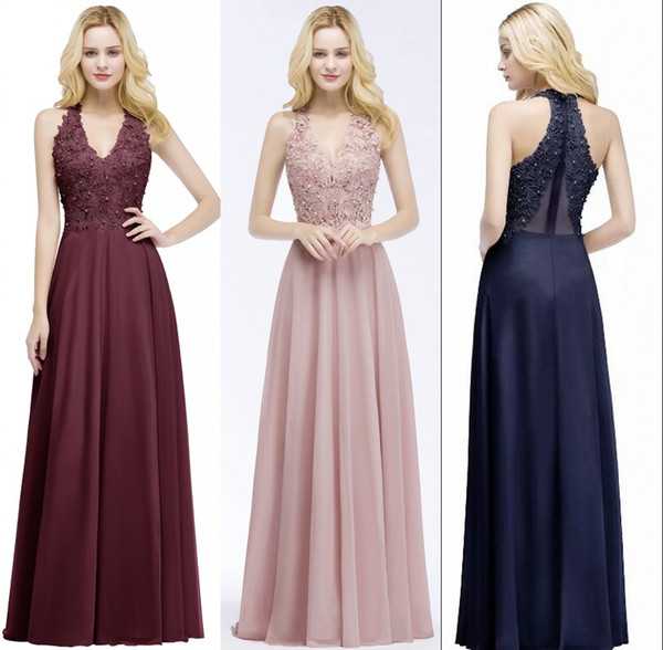 Pearl Pink Burgundy Lace Chiffon Prom Dresses Sleeveless A Line V Neck Sequins Beaded Evening Dresses Floor Length Cheap Gowns CPS912