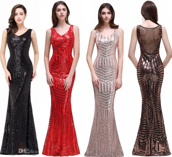 Bling Sequined Vintage Red Black Mermaid Evening Dresses V Neck Sheer Backless Sweep Train Celebrity Evening Prom Gowns Real Photos CPS371